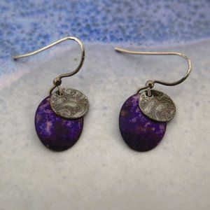 Vintage Purple and Etched Silver Disc Dangle Earrings